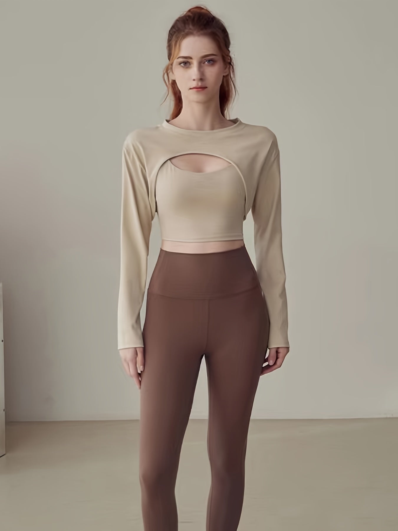 2pcs Crew Neck Long Sleeve Cover Up Shrug & Crop Tank Top