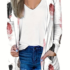 Women's Plus Feather Print Long Sleeve Open Front Cardigan
