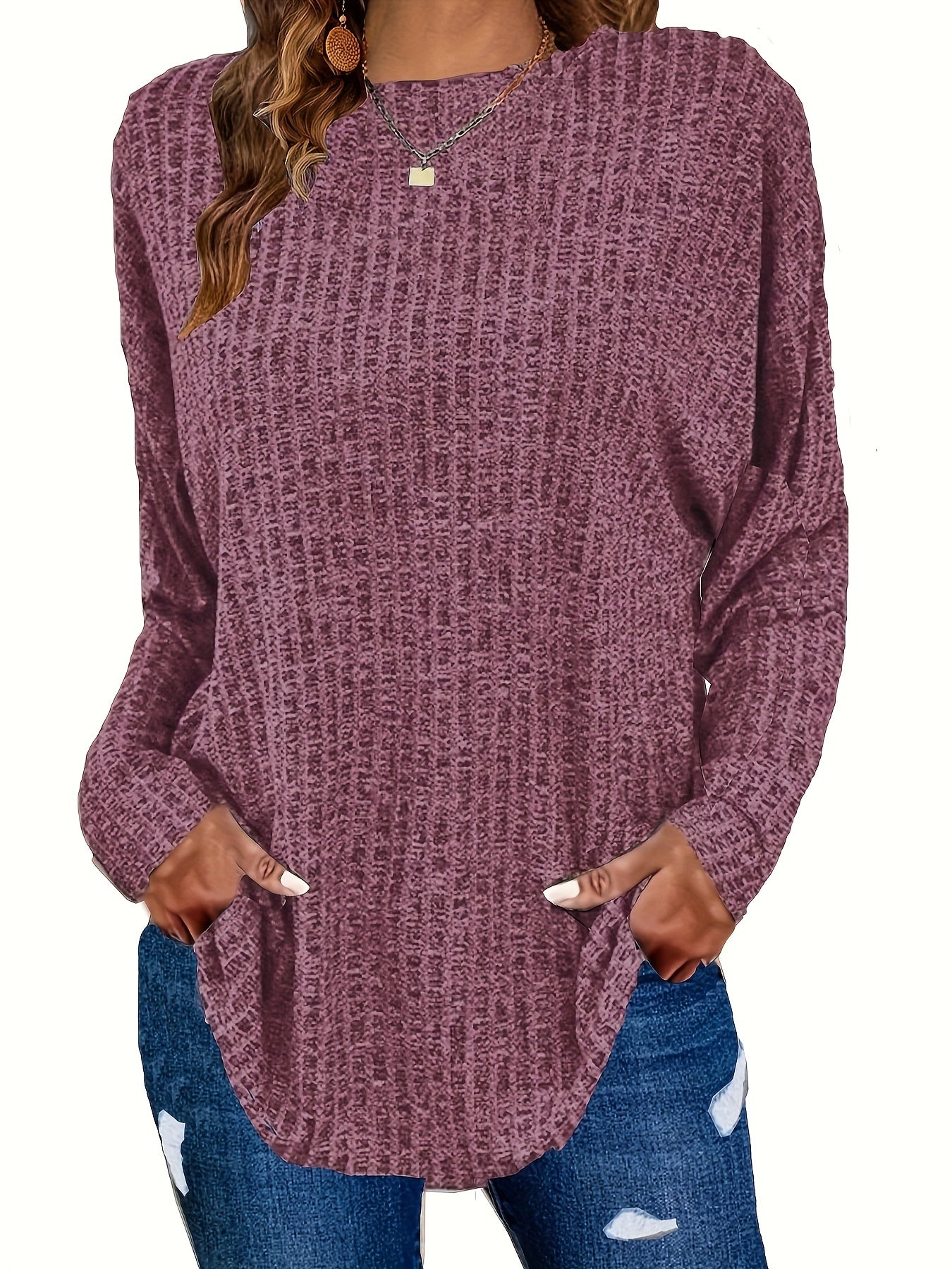 Solid Ribbed Long Sleeve Knit Top