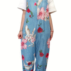 Rose Print Square Neck Overalls Jumpsuit