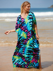 Casual Cover Up Dress Women's Plus Random Print Bat Sleeve V Neck