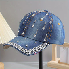 Distressed Denim Rhinestone Baseball Cap Adjustable Sun Hat