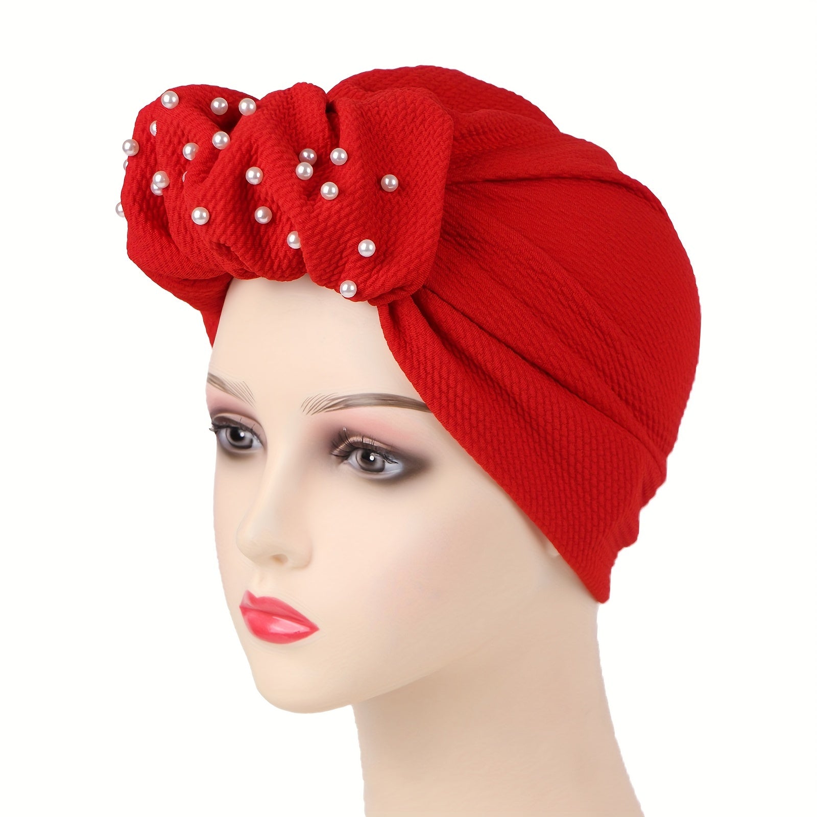 Faux Pearl Decor Turban Cap Embossed Pleated Head Wrap Elastic Beanie Headscarf