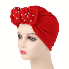Faux Pearl Decor Turban Cap Embossed Pleated Head Wrap Elastic Beanie Headscarf
