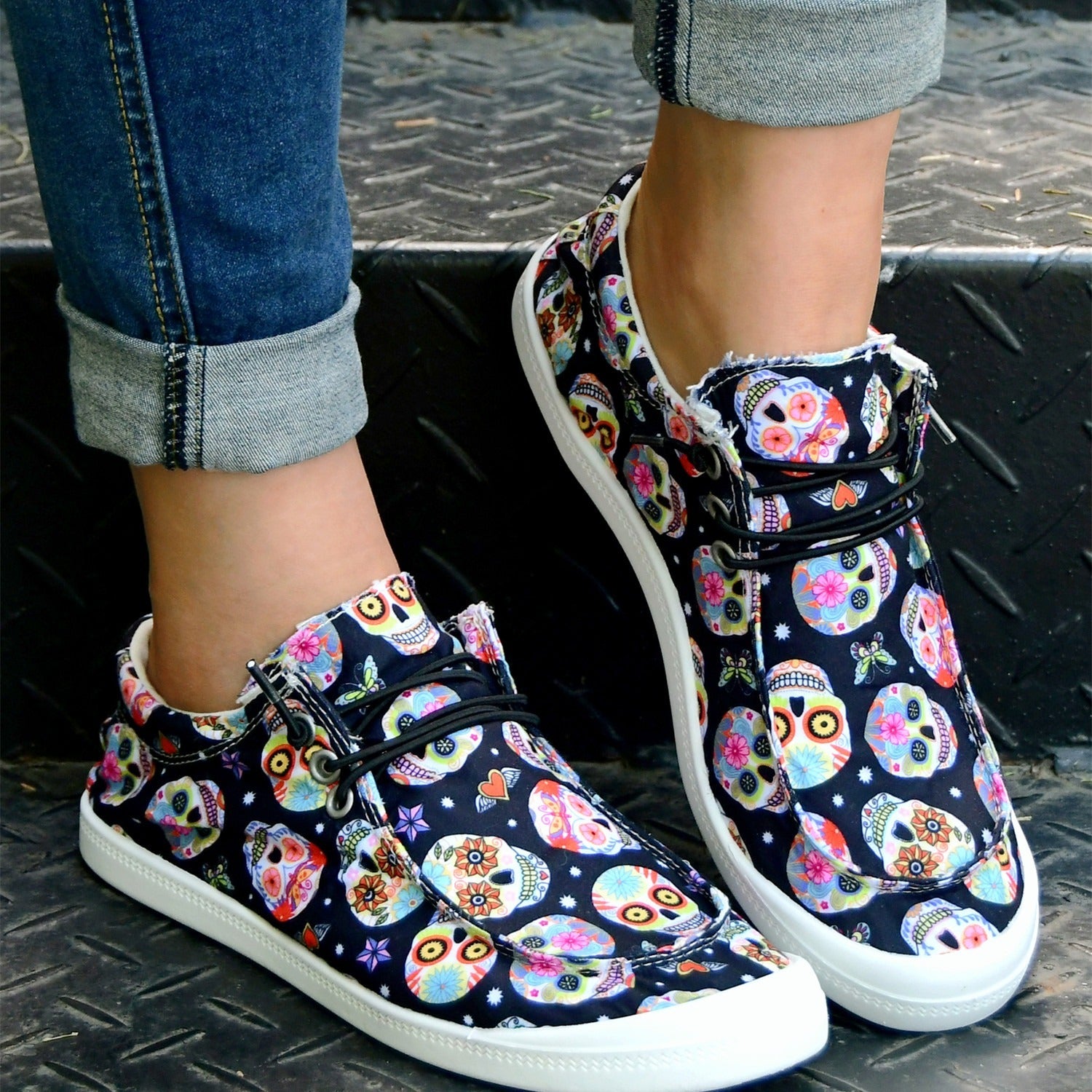 Women's Skull Print Canvas Slip-On Flat Halloween Shoes