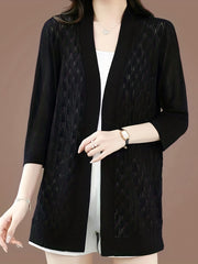 Plus Size Casual Cardigan Women's Plus Solid Hollow Out Half Sleeve Open Front