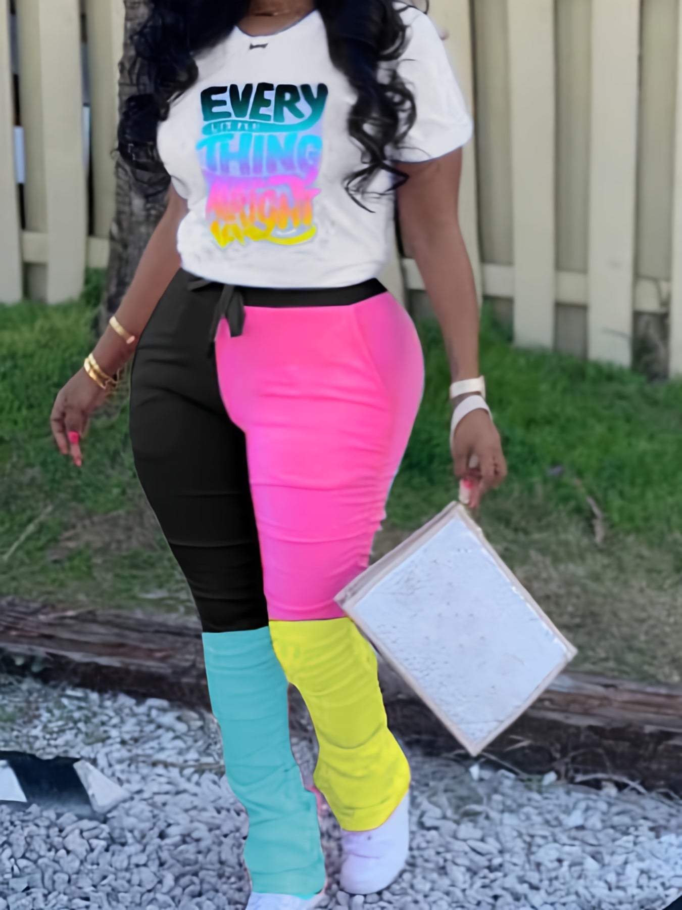 Women's Art Print Top & Colorblock Ruched Pants Outfit Set