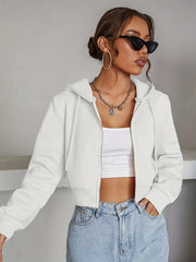 Solid Zipper Front Crop Hoodie Casual Long Sleeve Hoodies