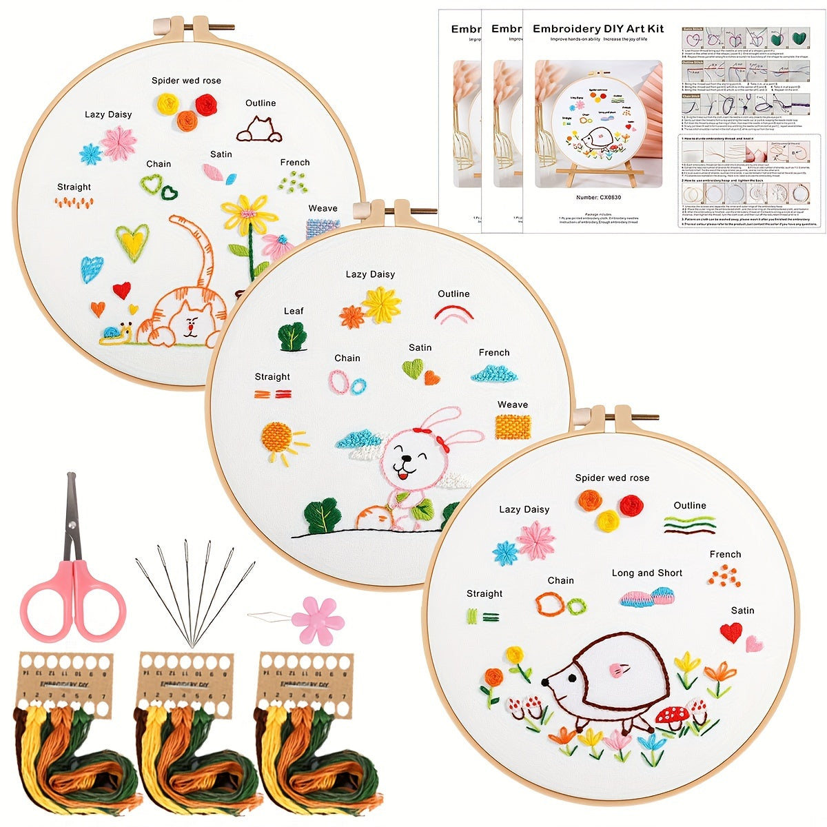 3pcs Embroidery Kit Flower Pattern Material Package 1 Embroidery Hoop 20cm