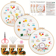 3pcs Embroidery Kit Flower Pattern Material Package 1 Embroidery Hoop 20cm