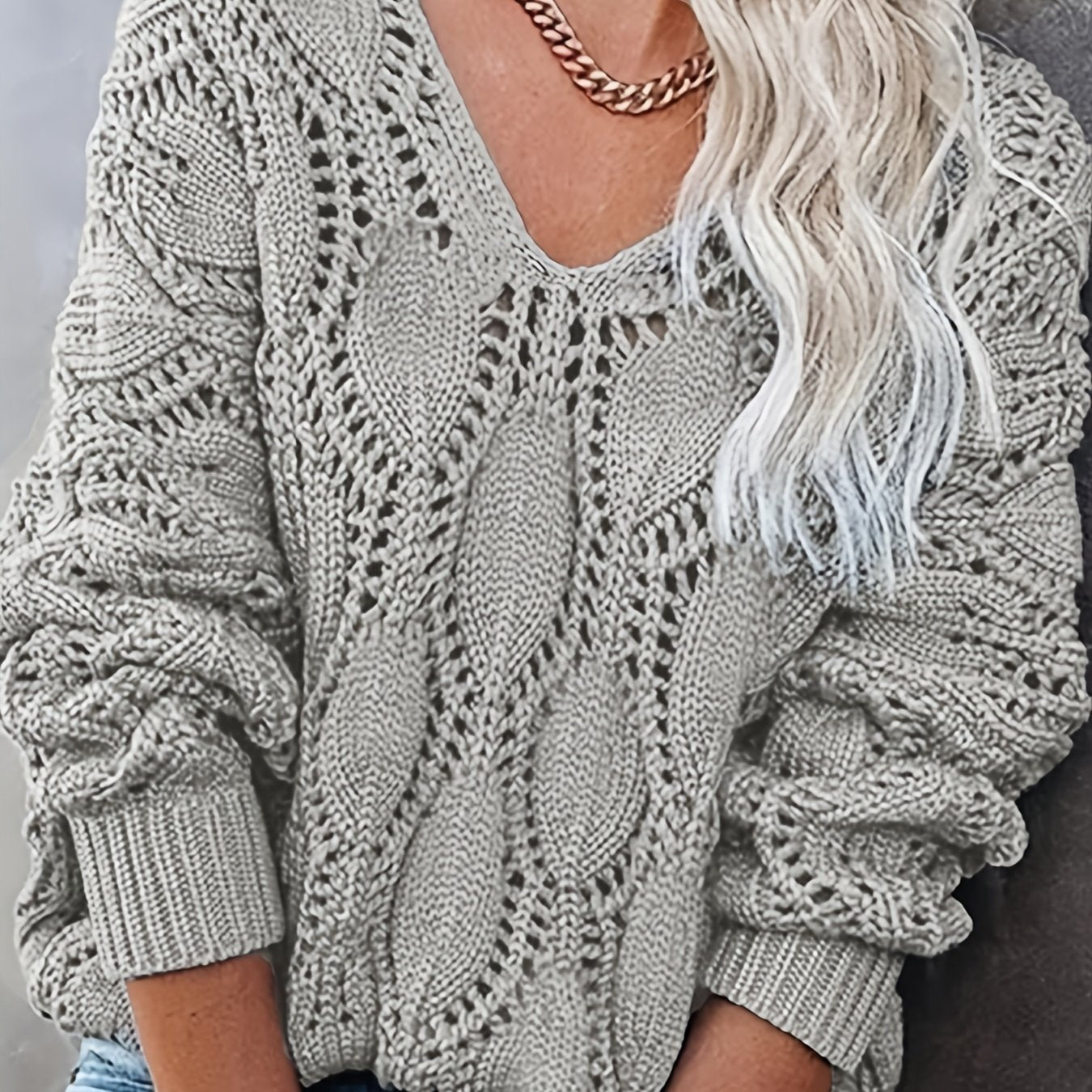 Casual Sweater Women's Plus Solid Hollow Out V Neck