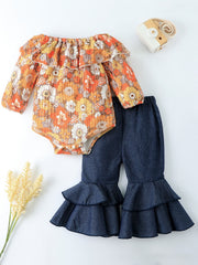 2pcs Toddler Baby Ruffle Off Shoulder Romper & Flared Leg Denim Pants