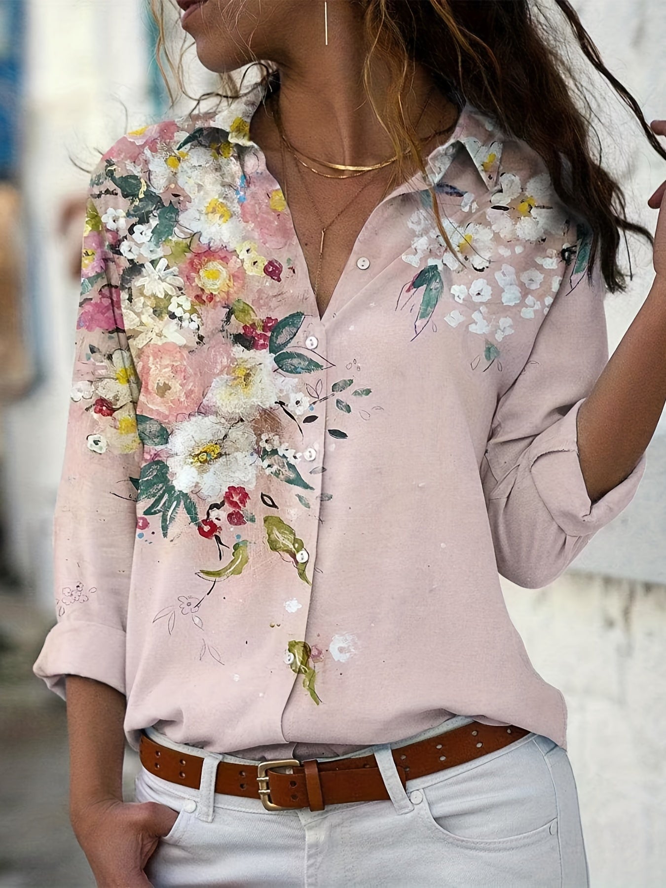 Floral Print Button Up Long Sleeve Blouse