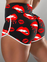 Women's Plus Abstract Red Lip Print High Rise Skinny Shorts