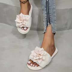 Women's Flower Decor Plush Slippers Lightweight Faux Fur Slip-Ons