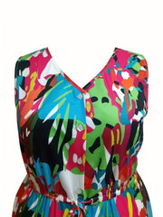 Plus Size Casual Tank Jumpsuit Allover Print V Neck Drawstring Tapered Leg