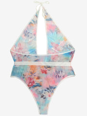 Sexy Floral Print Halter Neck Bodysuit