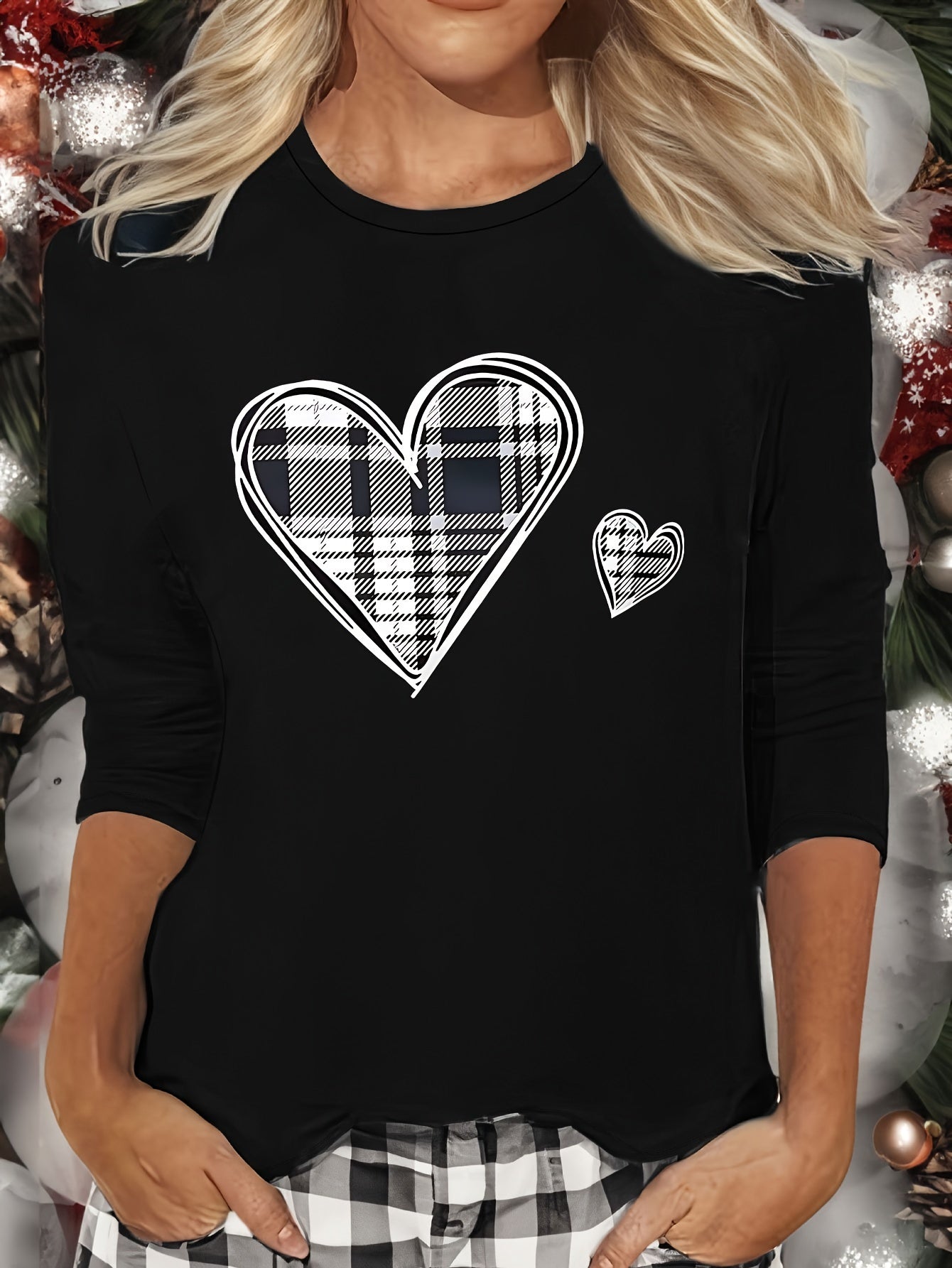 Plaid Heart Print Lounge Top Crew Neck Long Sleeve Women's Sleepwear