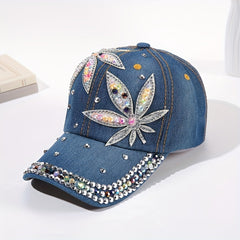 Rhinestone Leaf Patch Baseball Cap Denim Washed Sun Hats