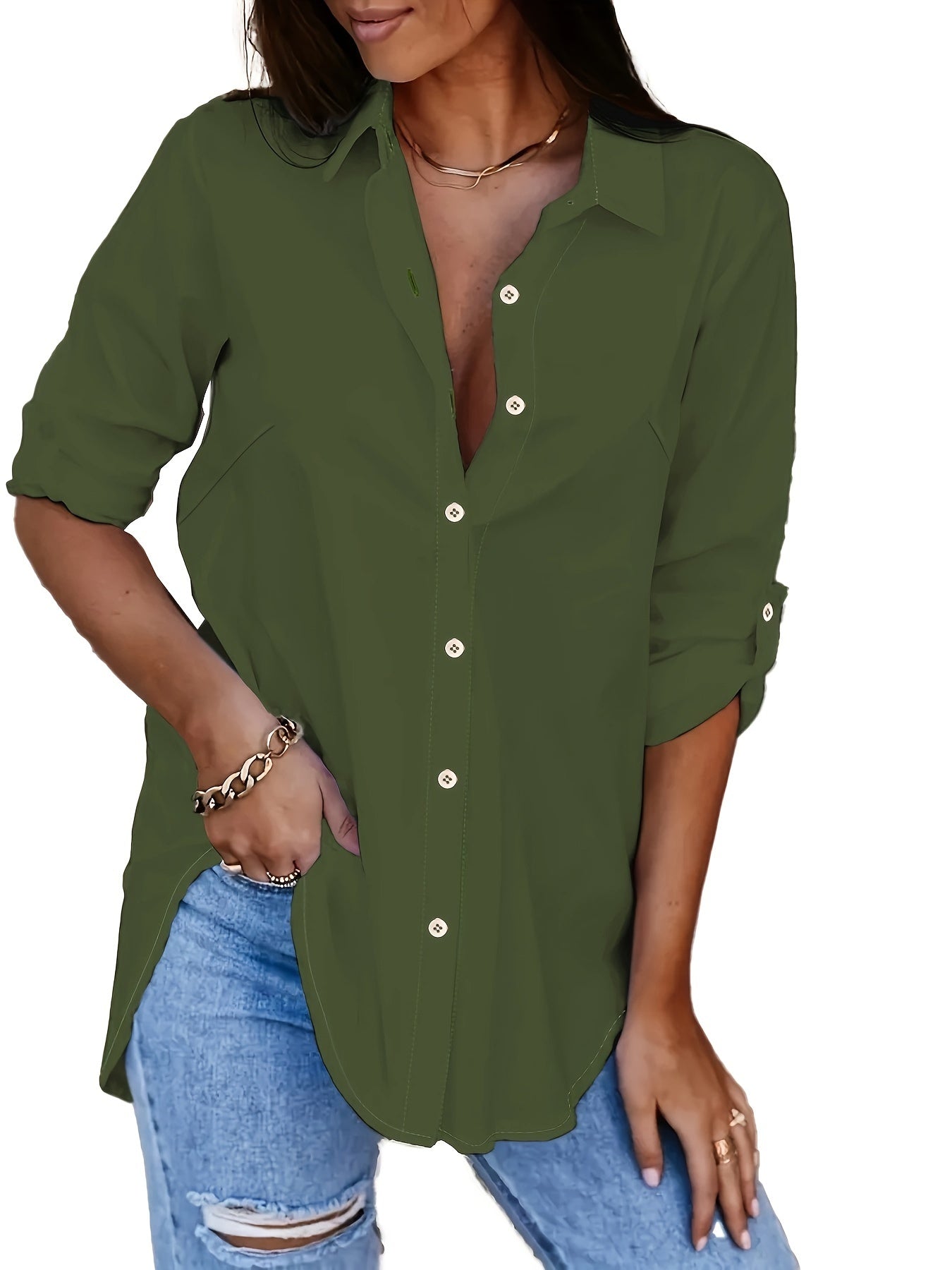 Women's Plus Solid Button Up Roll Up Sleeve Casual Blouse