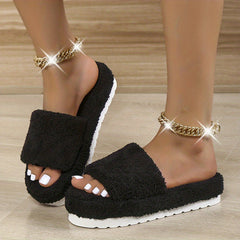 Women's Plush Winter House Slippers Open Toe Fluffy Platform Slides