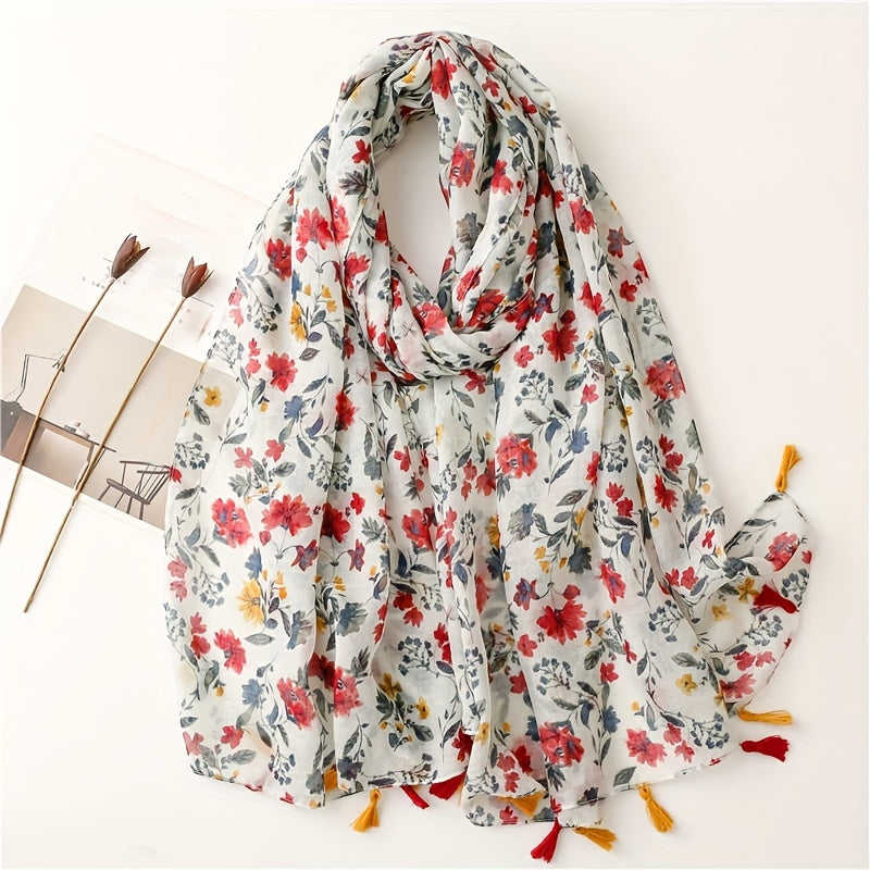 Flower Printed Fringe Shawl Large Sunscreen Blanket Long Shawl Wrap Scarf