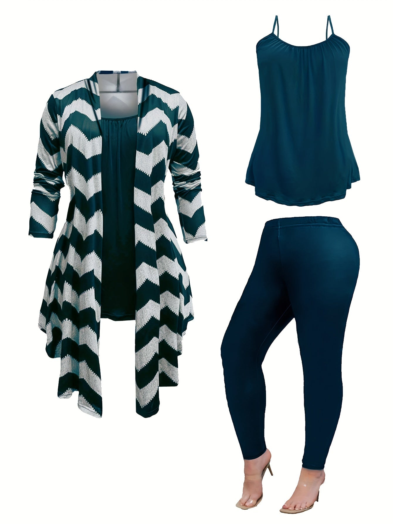 Women's Plus Wave Trim Long Sleeve Coat & Top & Leggings Set