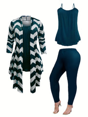 Women's Plus Wave Trim Long Sleeve Coat & Top & Leggings Set