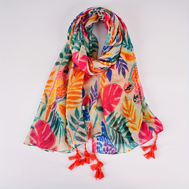 Boho Leaf Print Voile Scarf Tassel Shawl Classic Windproof Head Wrap