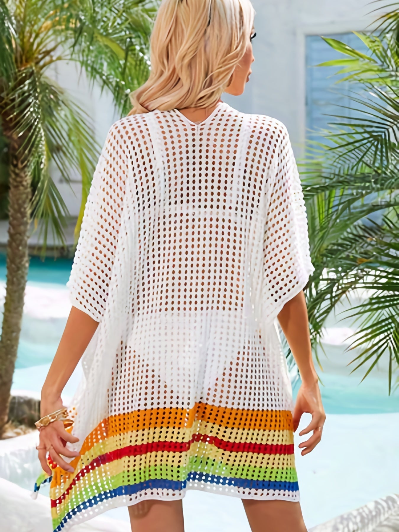 Colorful Stripes Open Knitted Cover Up Dress V Neck Batwing Sleeve