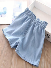 Girls Bow Denim Shorts Elastic Waist Comfortable Thin Short Pants