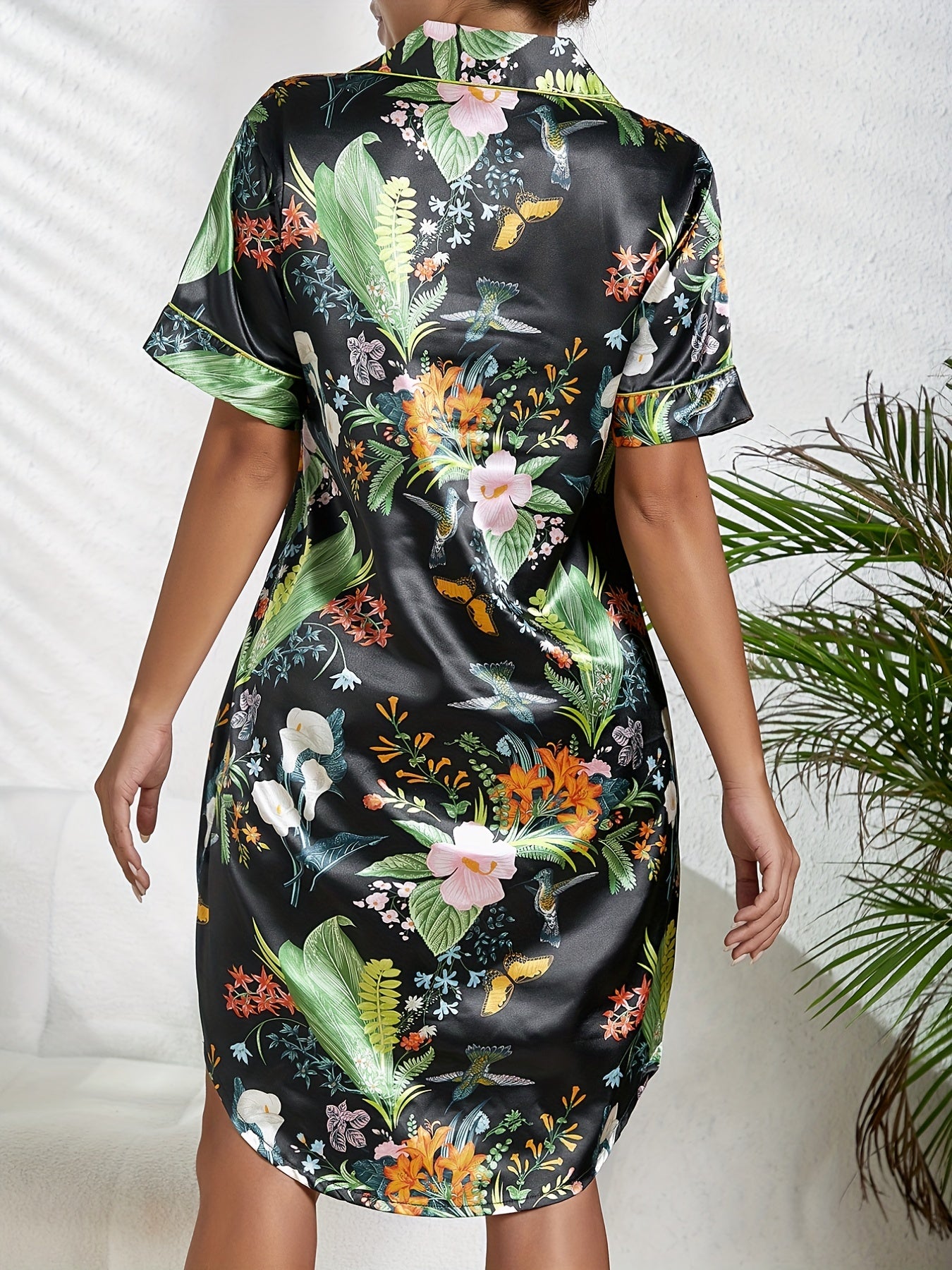 Floral Print NightDress Short Sleeve Buttons Pajama Dress Women's Sleepwear
