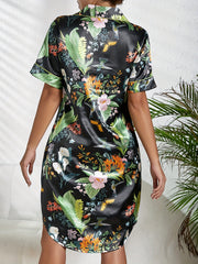 Floral Print NightDress Short Sleeve Buttons Pajama Dress Women's Sleepwear