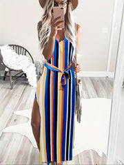 Striped Side Split Cami Dress Casual V neck Belted Spaghetti Dress
