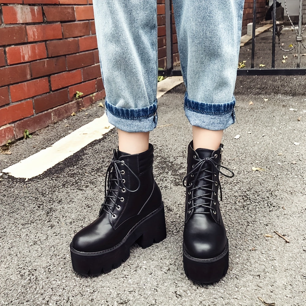 Women's Side Zip Platform Boots Lace Up Round Toe Shoes