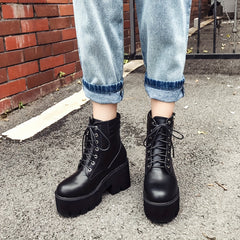 Women's Side Zip Platform Boots Lace Up Round Toe Shoes