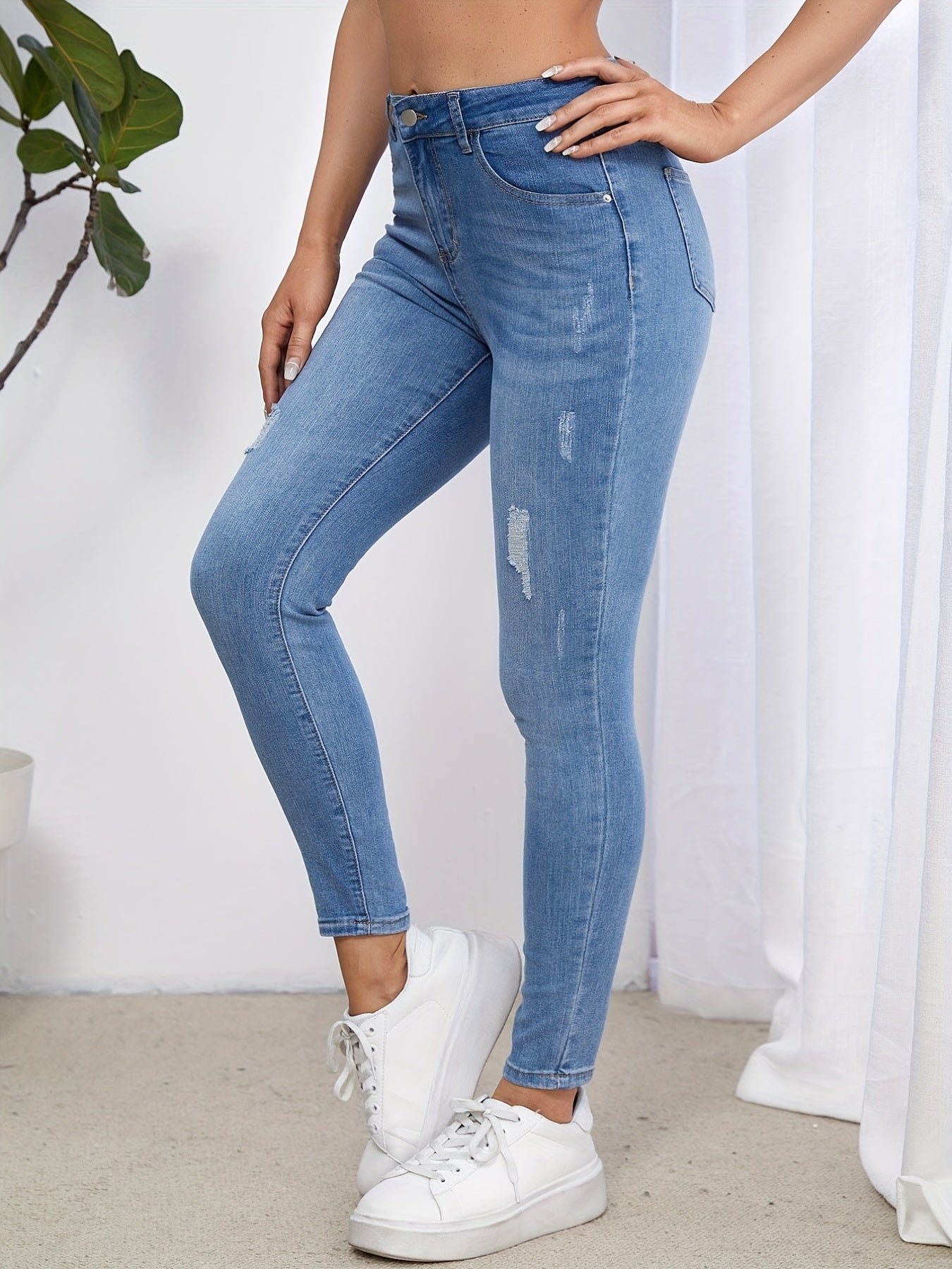 Ripped Holes Skinny Jeans Slash Pockets Stretch Denim Pants Women