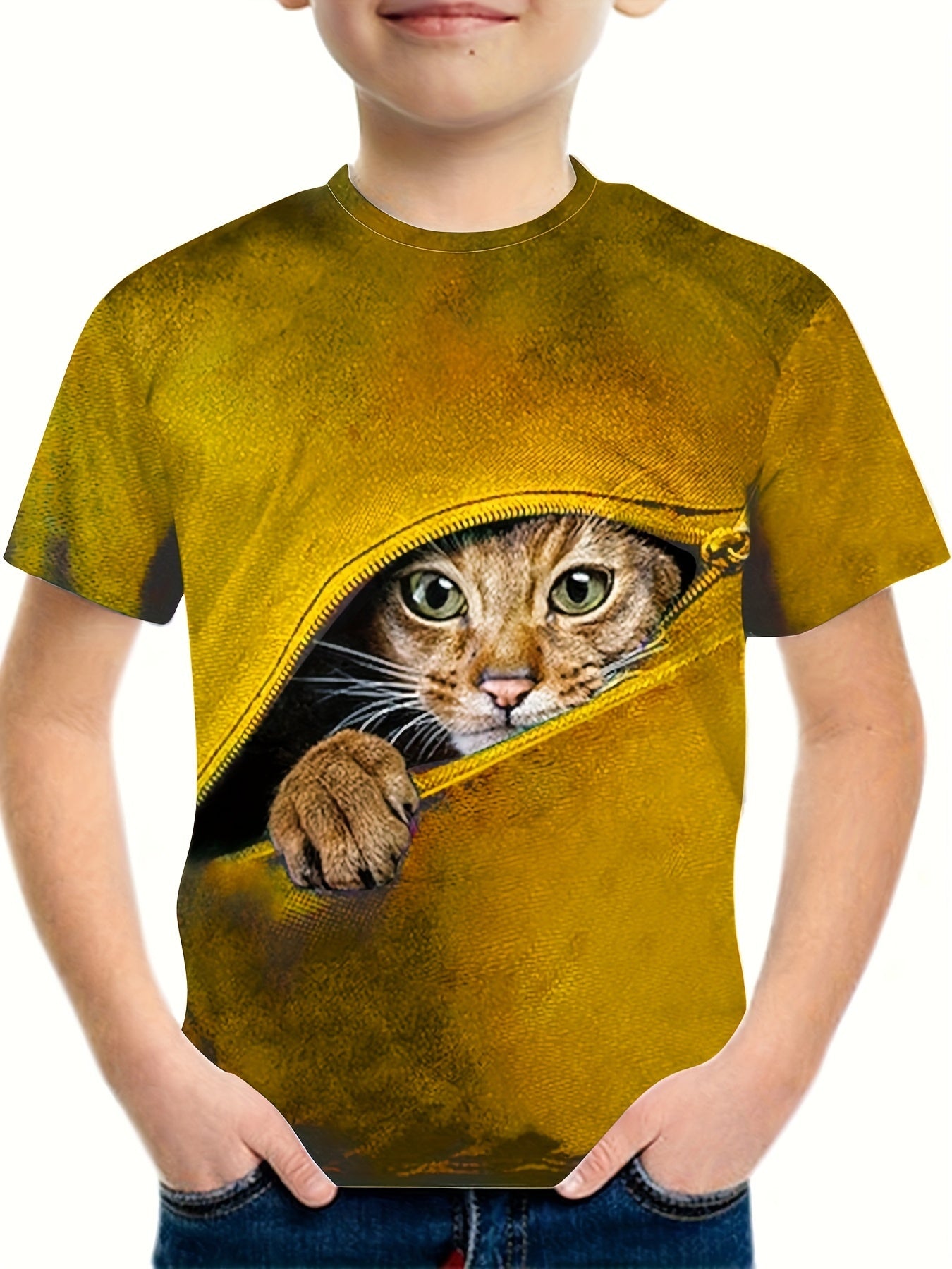 Boy's Zipper & Cat Graphic T shirt Casual Slightly Stretch Tee Kid's Clothing