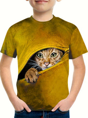 Boy's Zipper & Cat Graphic T shirt Casual Slightly Stretch Tee Kid's Clothing