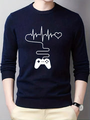 Gamepad & Heartbeat Pattern Knitted Sweater Men's Casual Warm Crew Neck Pullover