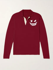 Evil Smile Pattern Knit Polo Shirt Men's Casual Lapel Middle Stretch V Neck