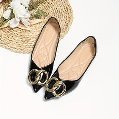 Pointed Toe Flats with Metallic Buckle Patent Leather Slip On Shoes