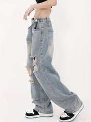 Distressed Straight Jeans Loose Fit Washed Denim Pants