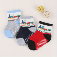 3 Pairs Non-slip Socks for 0-2 Year Old Boys - Little Train & Polka Dot Pattern