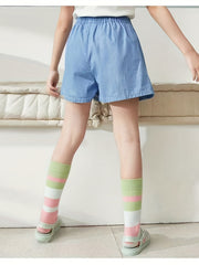 Girls Fruits Embroidered Print Denim Shorts Elastic Waist Loose Fit Shorts