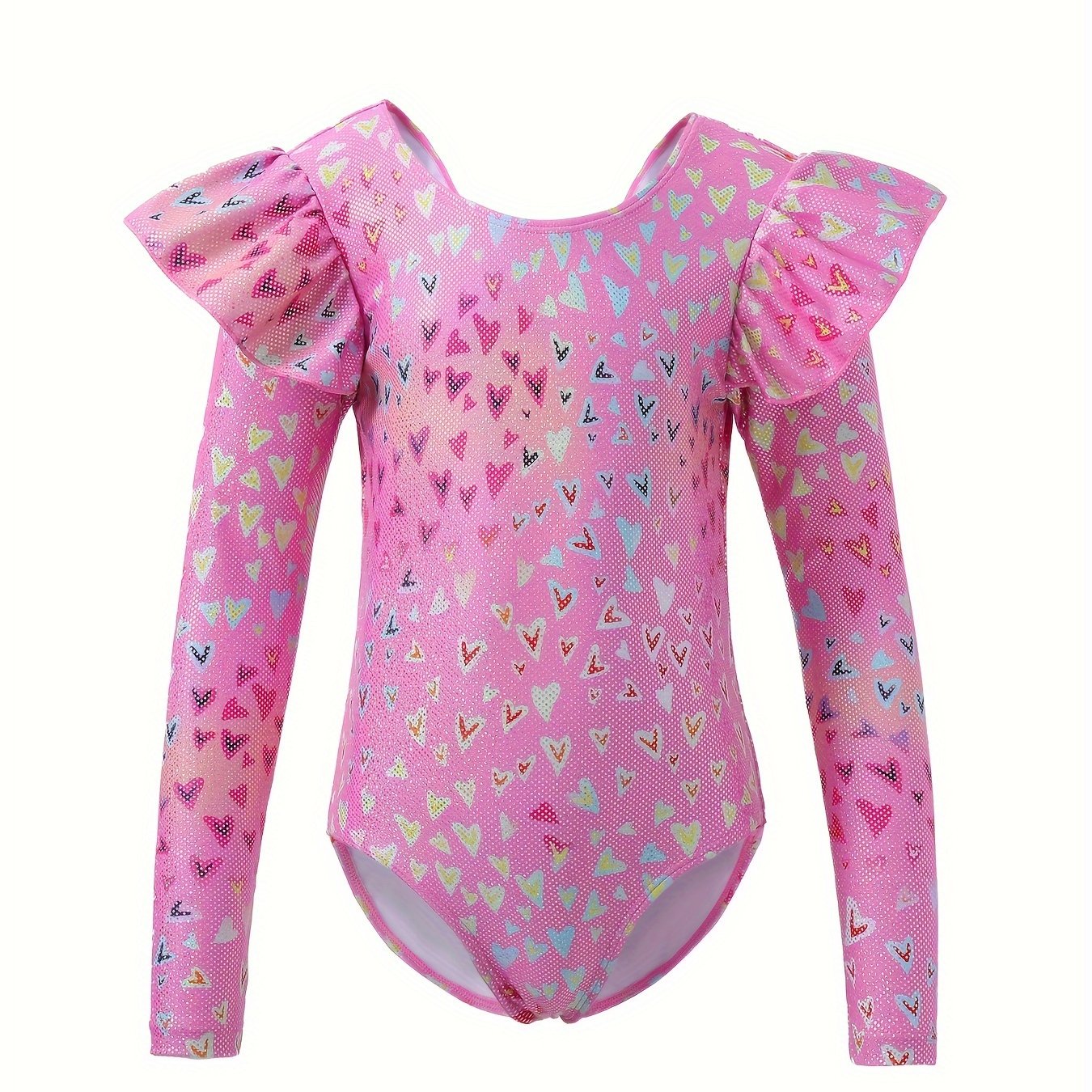 Girls Heart Graphic Flutter Trim Long Sleeve Gymnastics Leotard