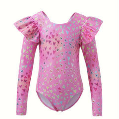 Girls Heart Graphic Flutter Trim Long Sleeve Gymnastics Leotard