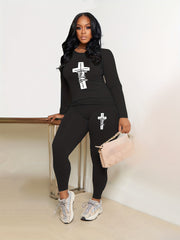 Cross & Letter Print Long Sleeve T-shirt & Leggings Set
