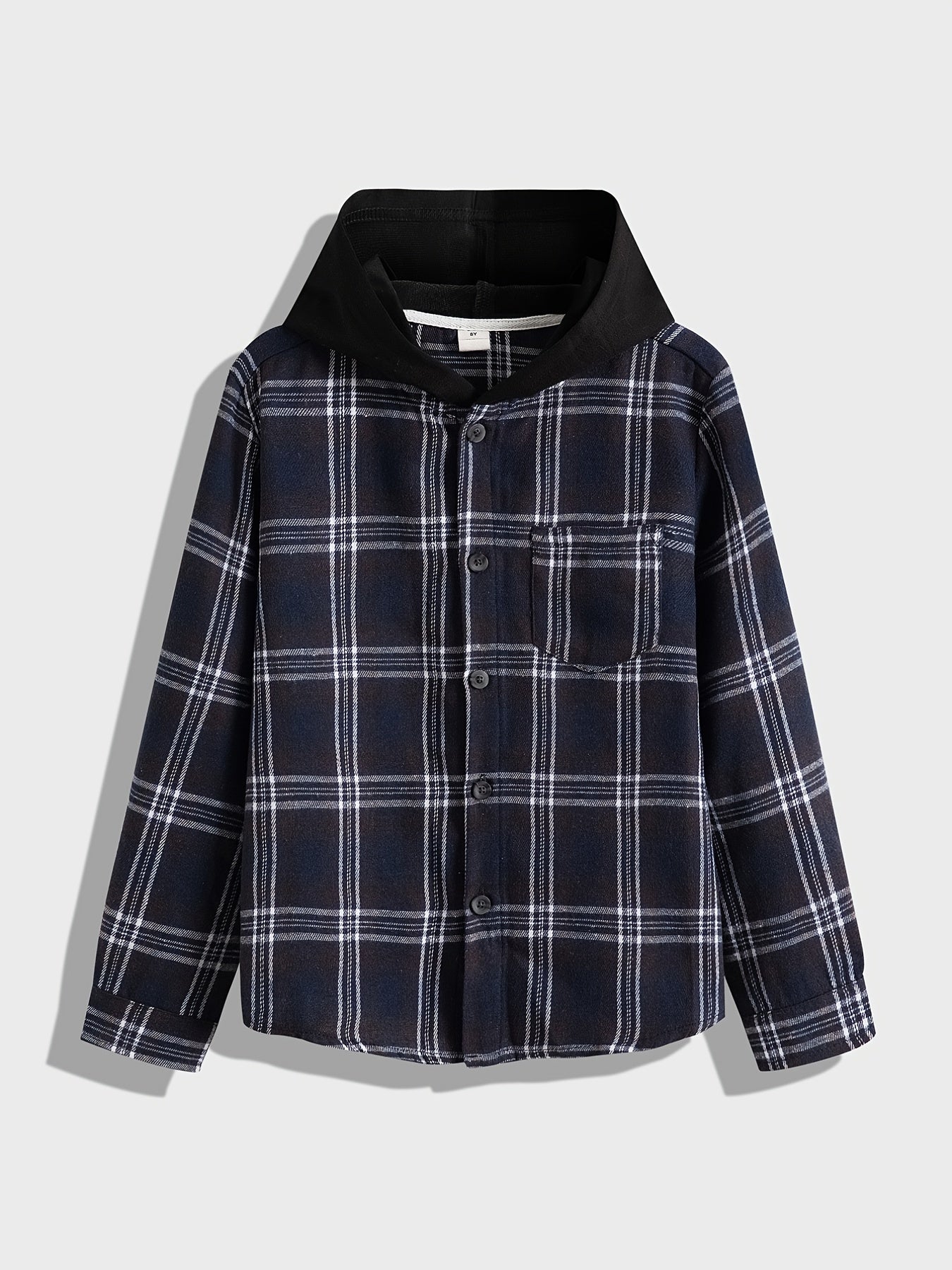 Boys Flannel Hooded Plaid Shirts Button Long Sleeve Tops
