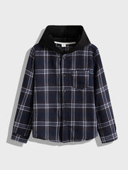 Boys Flannel Hooded Plaid Shirts Button Long Sleeve Tops